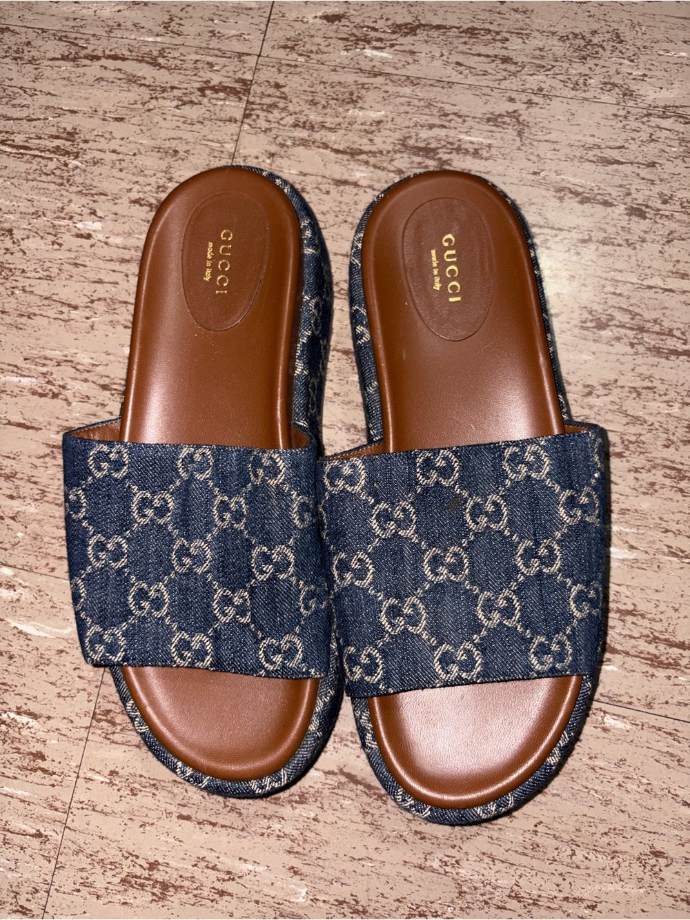 Gucci Denim Monogram Slide Sandals in Blue and Brown